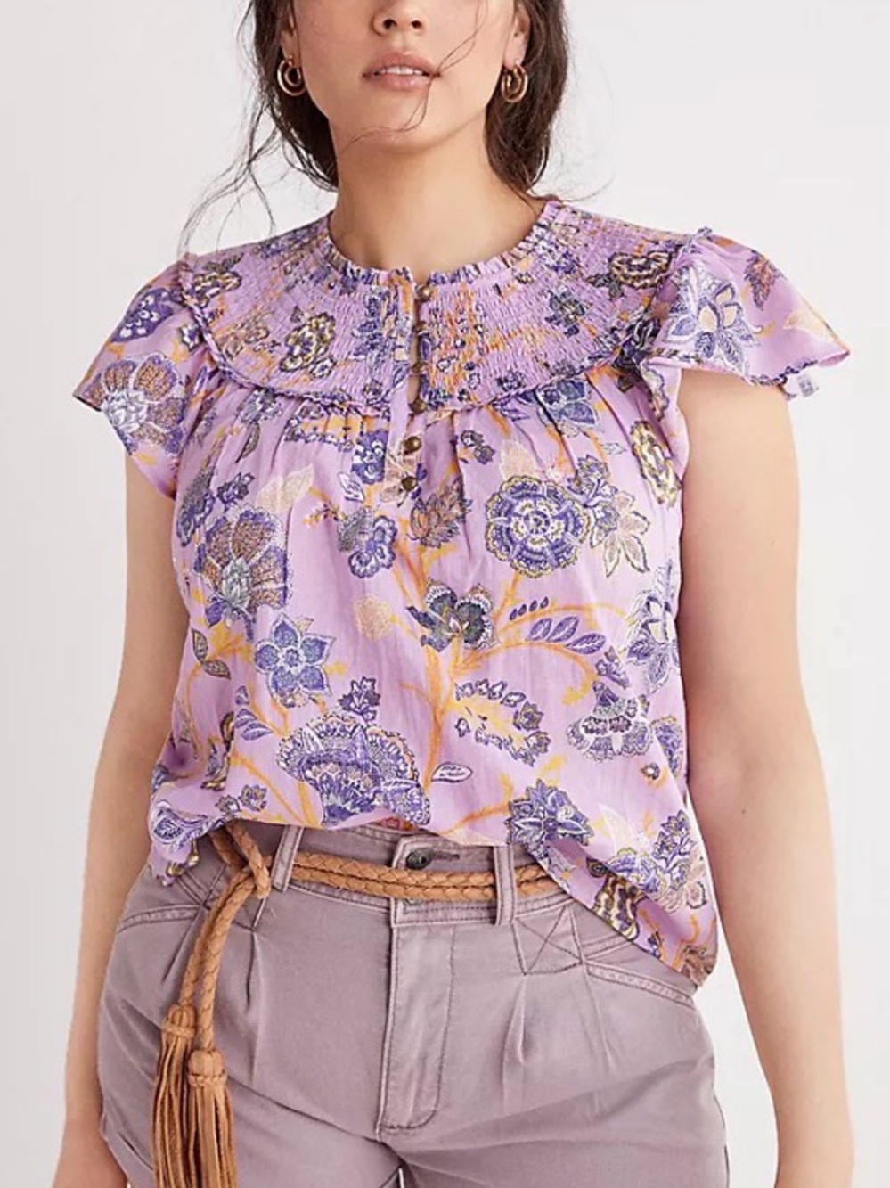Anthropologie Lilac Floral Smocked Yoke Flutter Sleeve Top